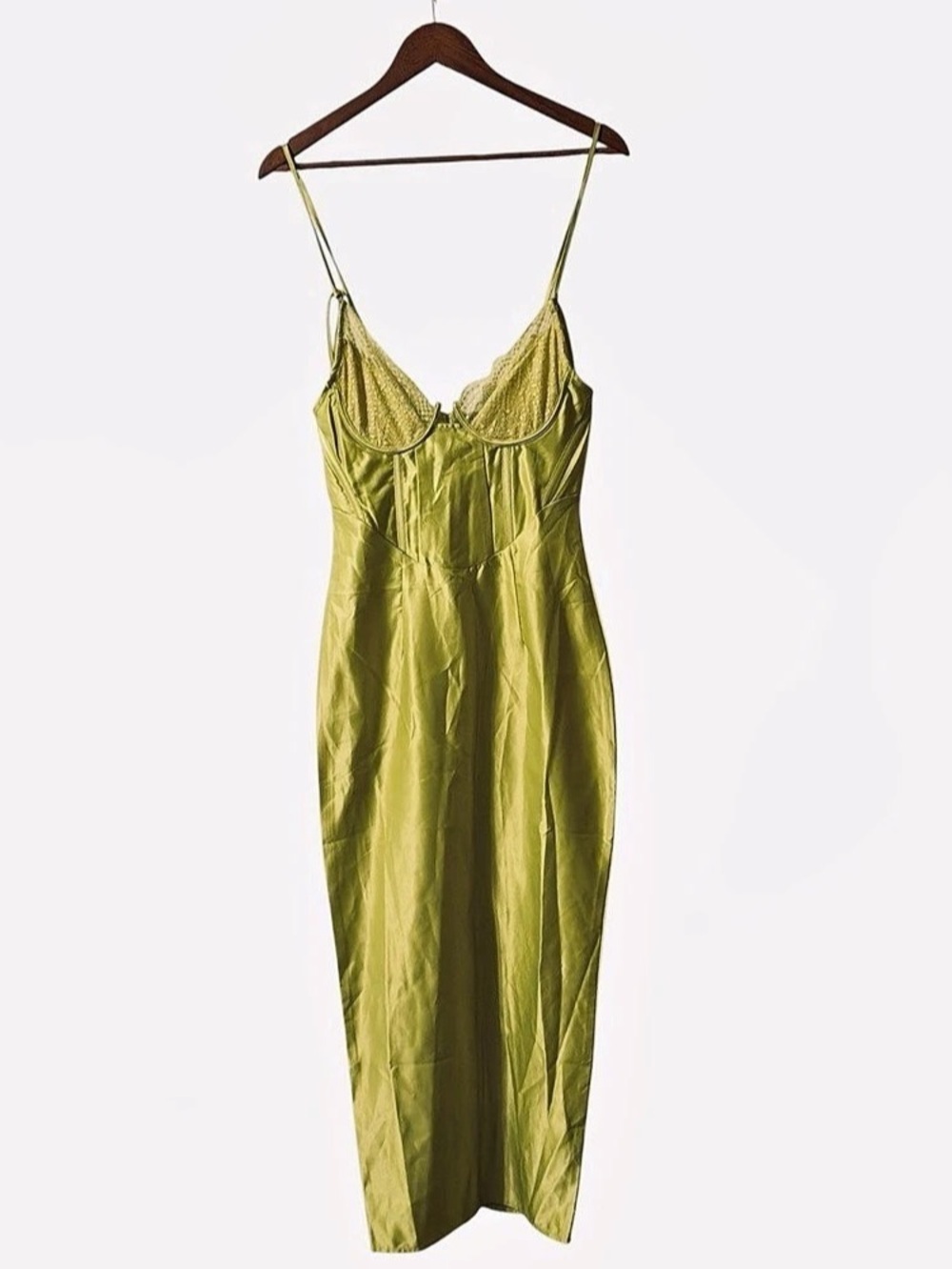 Romantic PrettyLittleThing Lime Satin Lace Corset Midaxi Dress US 2 NWT Coquette